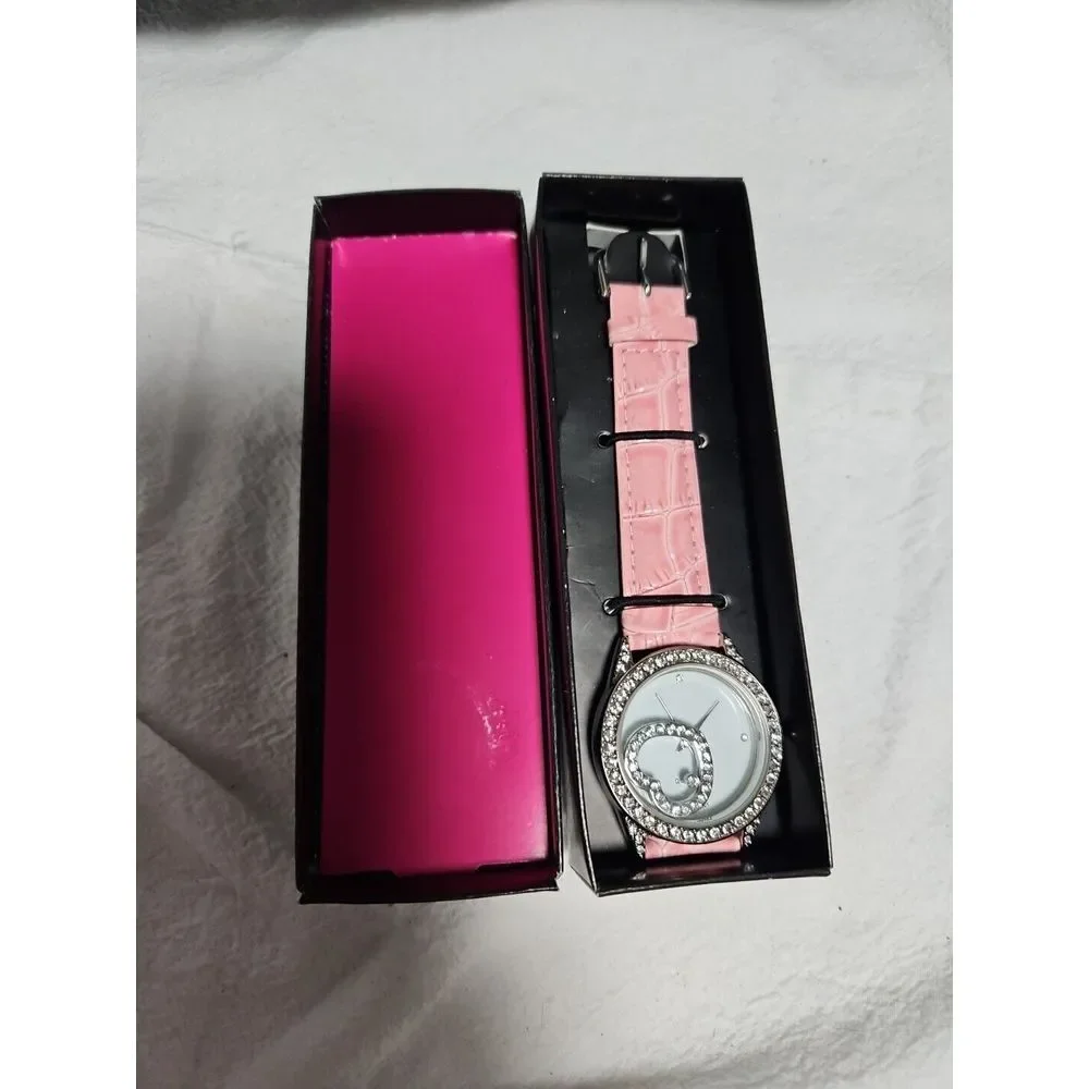 AVON Floating Heart‎ Watch Diamond Gemstone Face Pink Faux Leather Band
